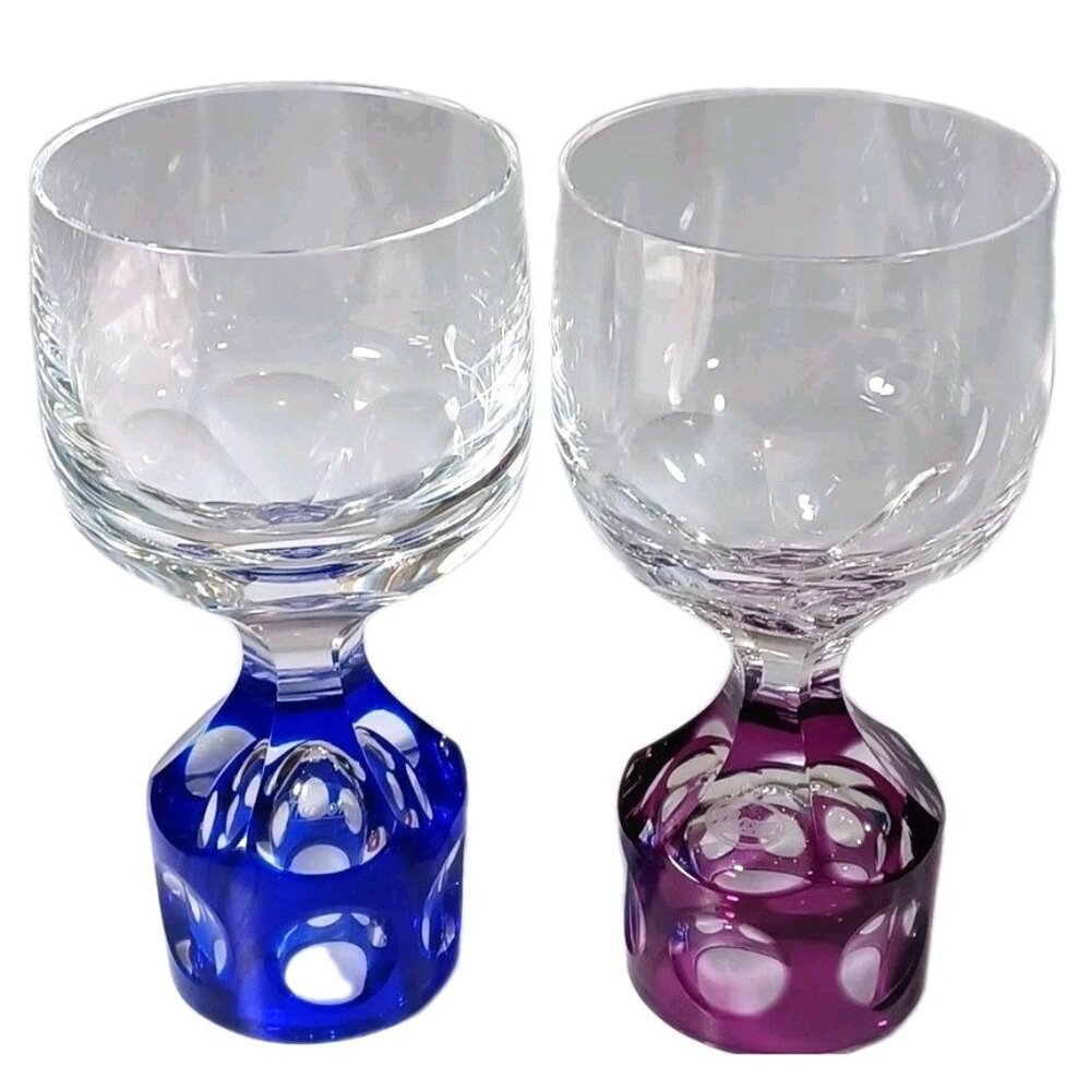 2 New Marchio Moser Romer Bicchierre Cut To Clear Crystal Wine Glass Purple Blue